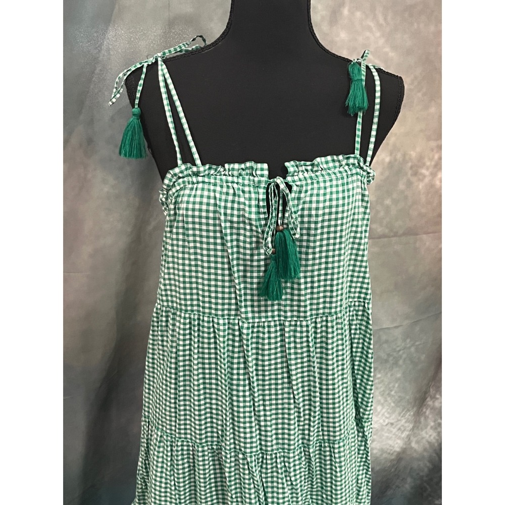 J.Crew Green Gingham Tiered Cotton Midi Dress Lace Trim Tassels Womens Large - Picture 5 of 9